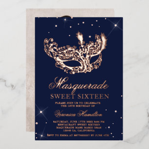 Maskenball roségold Glitzermaske Sweet 16 Foto Folieneinladung