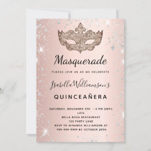 Maskenball-Roségold-Silber-Glitter-Quinceanera Einladung
