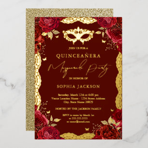 Maskenball Rot Gold Rose Spitze Quinceanera  Folieneinladung
