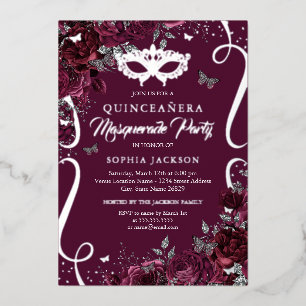 Maskenball Schmetterling Burgund Silber Quinceaner Folieneinladung
