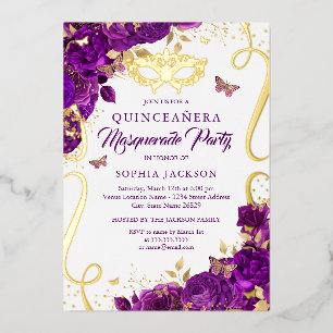 Maskenball Schmetterling Gold Lila Quinceanera Folieneinladung