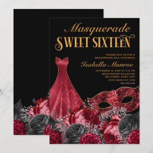 Maskenball Sweet 16 Schwarz Rot Gold 16. Geburtsta Einladung