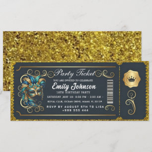 Maskenball-Ticket Geburtstagseinladung Türkis Gold Einladung
