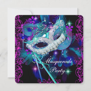 Maskenballparty in Türkis und Lila Einladung