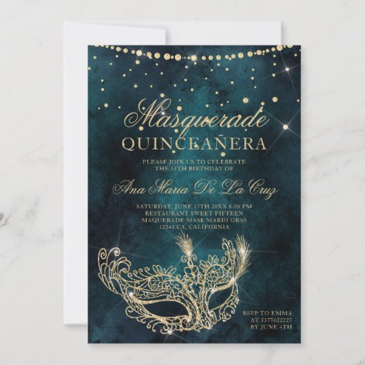 Maskenmaske aquamariner Glitzer quinceanera Einladung (Vorderseite)