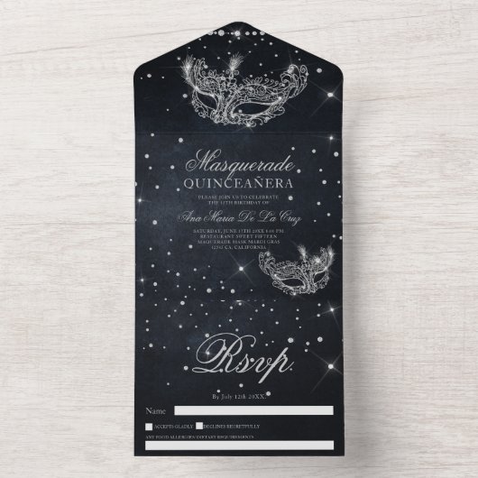 Maskenmaske silber Glitzer quinceanera schwarz All In One Einladung (Innen Boden)