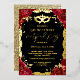 Maskenparty Goldene Rote Rose Spitze Quinceanera  Folieneinladung