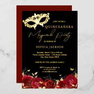 Maskenparty Rot Gold Rose Maske Quinceanera Folieneinladung