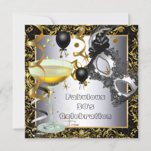 Maskerade Fabulous 30. Silber Gold Schwarz Party Einladung