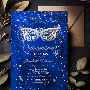 Maskerade, Goldene Sterne Blaue Quinceañera  Einladung