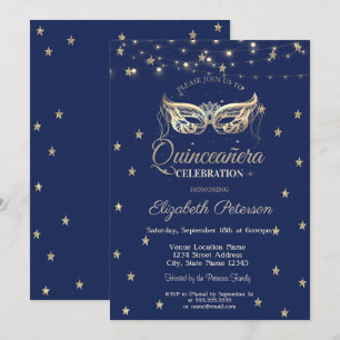 Maskerade, Lichterketten, goldene Sterne  Quinceañ Einladung