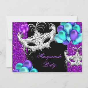 Maskerade Lila Türkis Blau Glitter Party Einladung