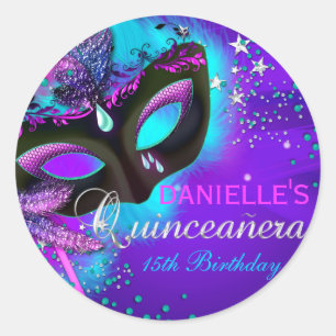 Maskerade Lila & Türkis Quinceanera-Aufkleber Runder Aufkleber
