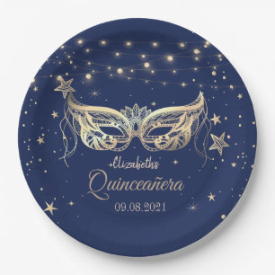 Maskerade, Navy Blue Sterne Quinceañera Pappteller