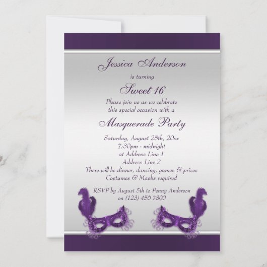 Maskerade-Party des Bonbon-16 in Lila u. in Einladung (Rückseite)