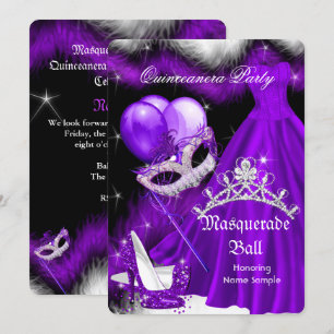 Maskerade Quinceanera Lila Schwarze Feder 2a Einladung