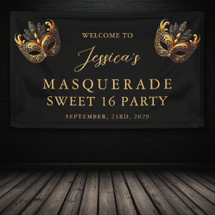 Maskerade Schwarz Gold Sweet 16 Geburtstags Begrüß Banner