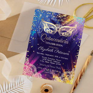 Maskerade, Spitze, Farbspritzer Quinceañera Einladung
