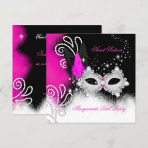 Maskerade Sweet 16 Hot Pink Schwarze Feder Maske 2 Einladung