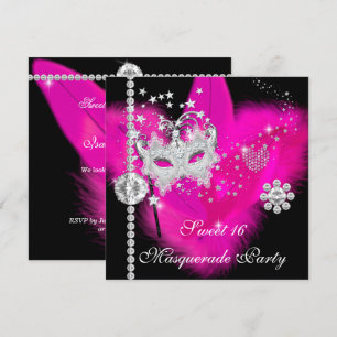 Maskerade Sweet 16 Hot Pink Schwarze Feder Maske Einladung