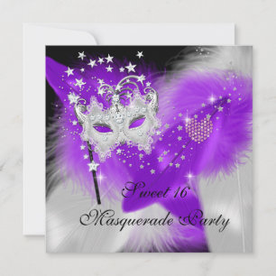 Maskerade Sweet 16 Lila Weiße Feder Maske Einladung