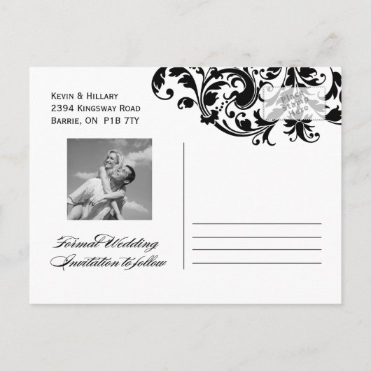 Maskierte Hochzeit Speichern Sie das Datum Ankündigungspostkarte (Rückseite)