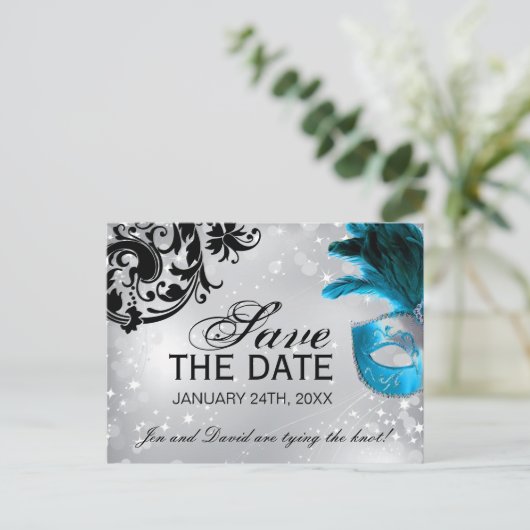 Maskierte Hochzeit Speichern Sie das Datum Ankündigungspostkarte (Stehend Vorderseite)