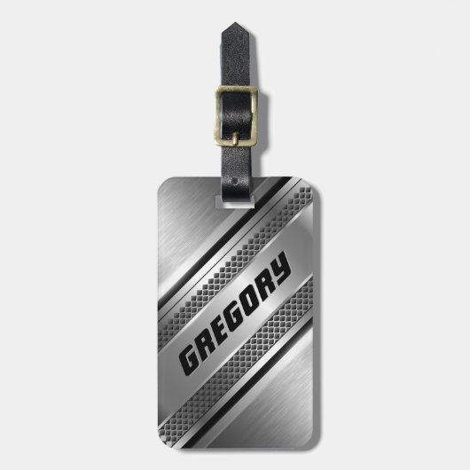 Maskuline Imitate Silver Stripes Design Monogrammi Gepäckanhänger (Vorderseite vertikal)