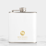 Maskuline Personalisierte Trauzeugen in Weiß und G Flachmann<br><div class="desc">Fügen Sie Ihrer Hochzeit eine persönliche Touch mit personalisierten Trauzeugen Flasche. Dieser Kolben weist ein weißes Monogramm in goldenem Kreis mit Namen und Titel in goldfarbenem beruflichen Schriftart auf weißem Hintergrund auf. Auch perfekt für Trauzeuge, Brautvater und mehr. Bitte beachten Sie : Die Details der Folie werden im Kunstwerk simuliert....</div>