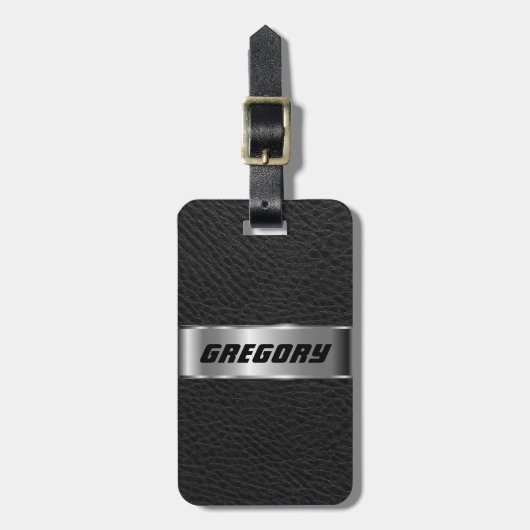 Maskuline Schwarze Imitate Leder & Silver Look 3 Gepäckanhänger (Vorderseite vertikal)