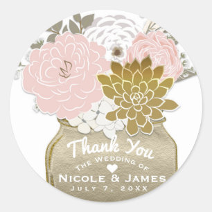 Mason-Glas-Blumen Rustikale Blumen Rosa und Gold C Runder Aufkleber