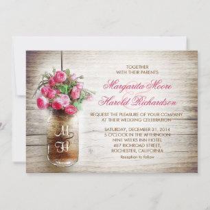 Mason-Glas & dunkelrosa Blumen Hochzeitseinladunge Einladung