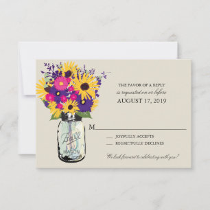 Mason-Glas-Gänseblümchen und Sonnenblumen   RSVP Karte