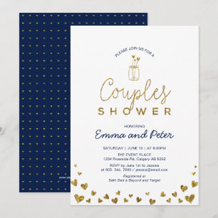 Mason-Glas, Gold- und Navy-Paar-Hochzeitsdusche Einladung