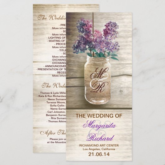 Mason-Glas mit Flieder rustikale Hochzeitsprogramm Programm (Vorne/Hinten)