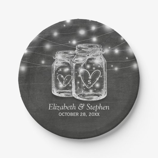 Mason-Glas-String-Lichter-Schiefertafel-Hochzeitsd Pappteller (Vorderseite)