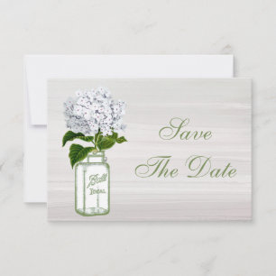 Mason Glas & Weiße Hortensie Save The Date Hochzei
