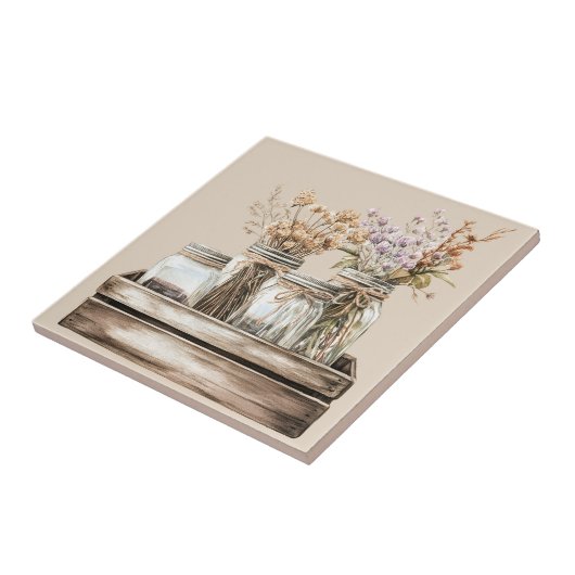 Mason-Gläser, Wildblumen in einem Holzkäserhaus Fliese (Seite)