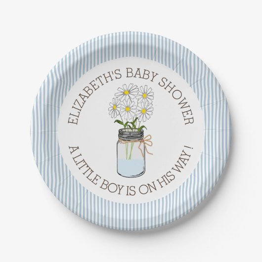 Mason Jar auf Blue Stripes Babydusche Pappteller (Vorderseite)