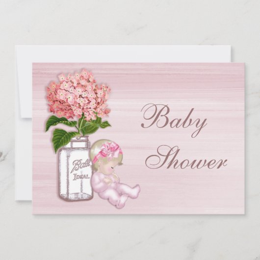 Mason Jar, Baby Girl, Pink Hydrangea Babydusche Einladung (Vorderseite)