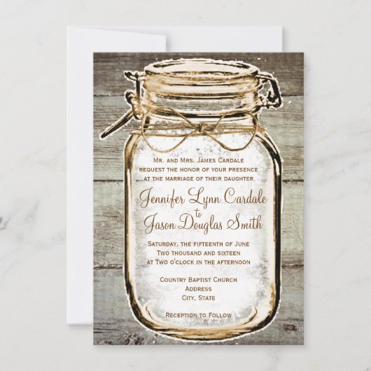 Mason Jar Barn Wood Rustic Wedding Einladungen (Vorderseite)