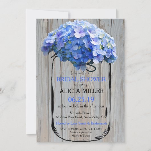 Mason Jar Barnwood Blue Hydrangeas Brautparty Einladung (Vorderseite)