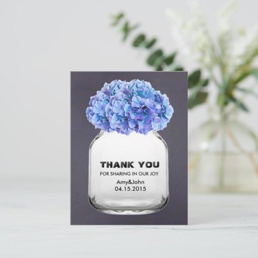 Mason jar blauen Hydrangea Dankeschön zur Kenntnis Postkarte (Stehend Vorderseite)