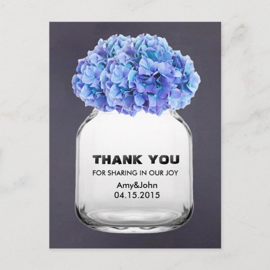 Mason jar blauen Hydrangea Dankeschön zur Kenntnis Postkarte (Vorderseite)