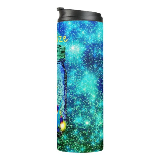 Mason Jar Blitze blühende Glühwürmchen blau Thermosbecher (Nach rechts gedreht)