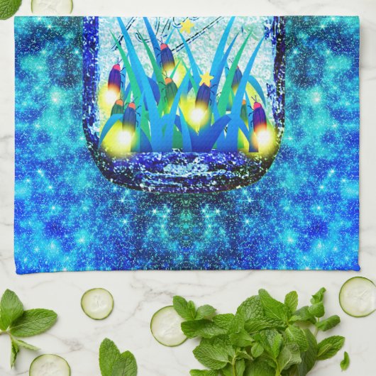 Mason jar Blitzkäfer glühend blau yello Geschirrtuch (Gefaltet)