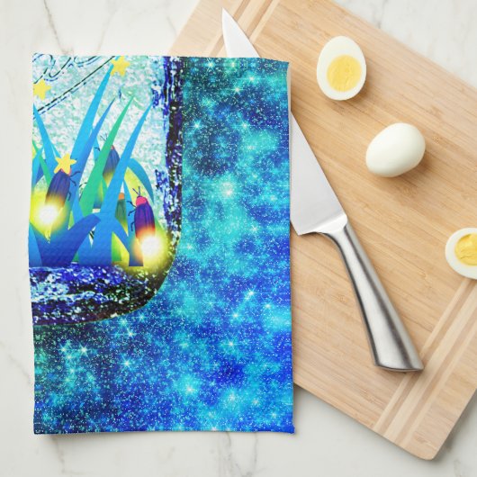 Mason jar Blitzkäfer glühend blau yello Geschirrtuch (Viertel Falte)