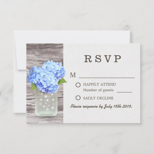 Mason Jar Blue Hydrangea Barn Wood Wedding RSVP (Vorderseite)