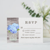 Mason Jar Blue Hydrangea Barn Wood Wedding RSVP (Stehend Vorderseite)