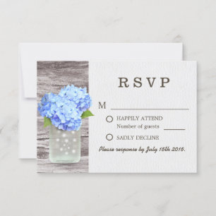 Mason Jar Blue Hydrangea Barn Wood Wedding RSVP Karte